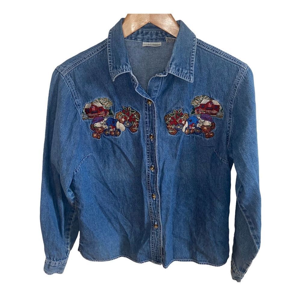 Vintage Cabin Creek cat embroidered patch jean long sleeve